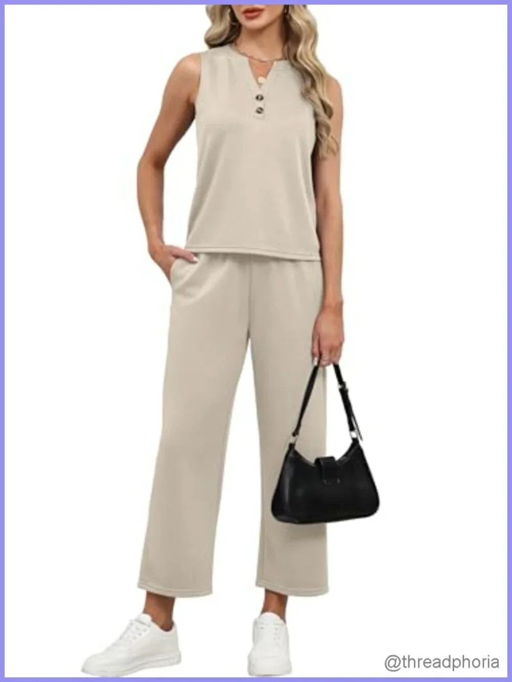 Two Piece Lounge Set V-Neck Tank Top Wide Leg Pants Casual Travel Outfit